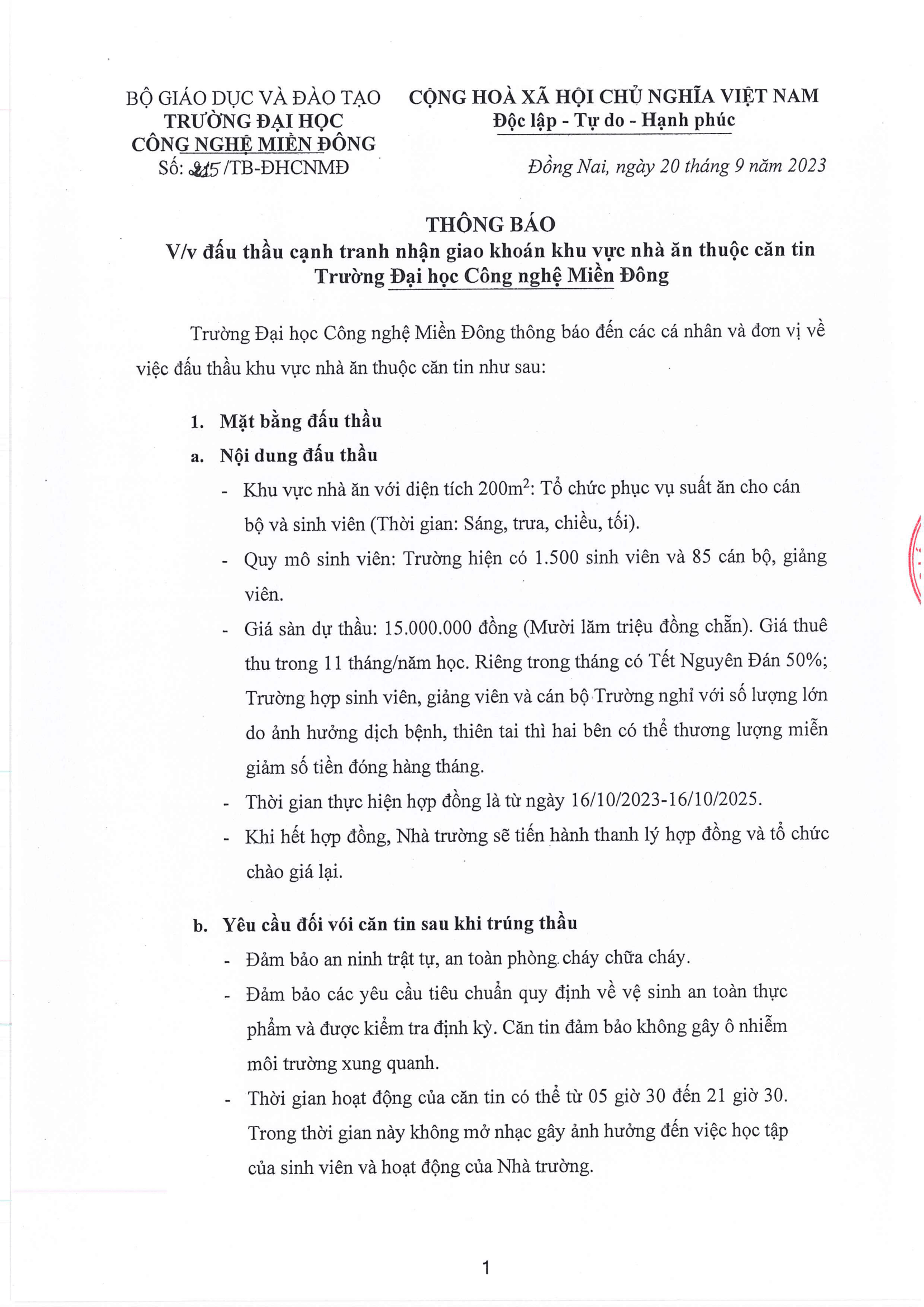 Thông báo v/v đấu thầu khu vực nhà ăn MIT University