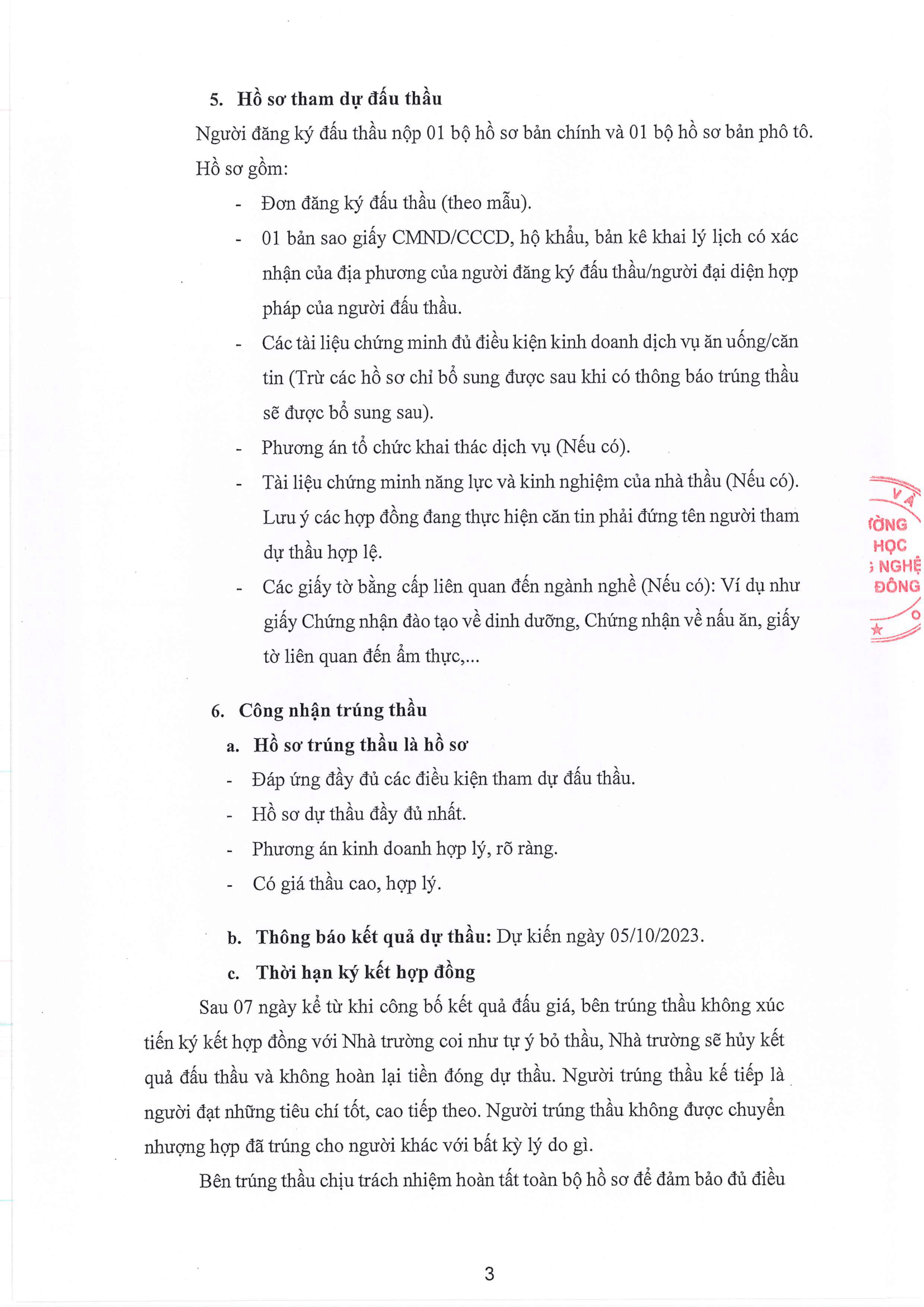 Thông báo v/v đấu thầu khu vực nhà ăn MIT University