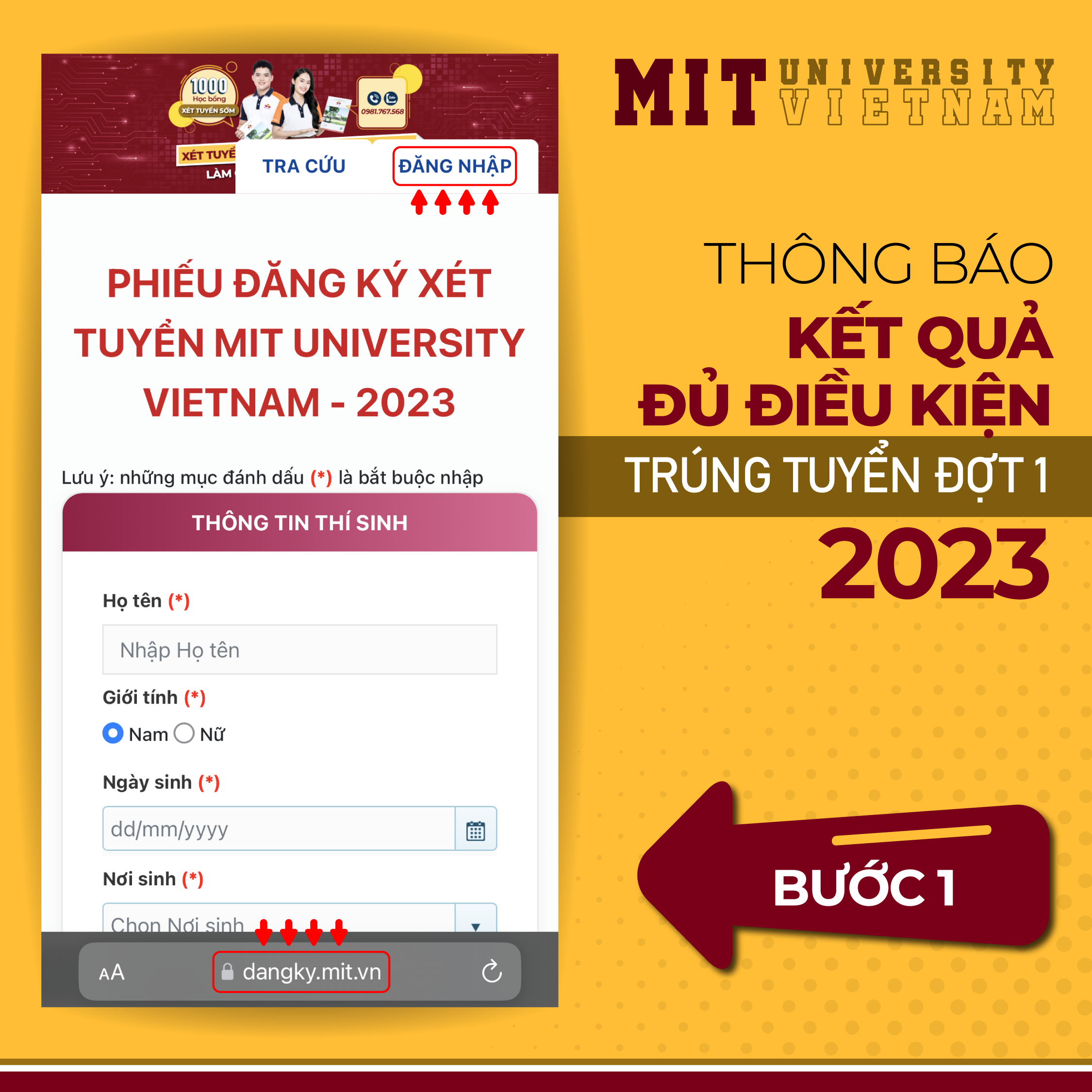 Bước 1: Truy cập vào trang Đăng ký xét tuyển theo đường dẫn https://dangky.mit.vn/.  Chọn mục ĐĂNG NHẬP ở góc trên bên phải.