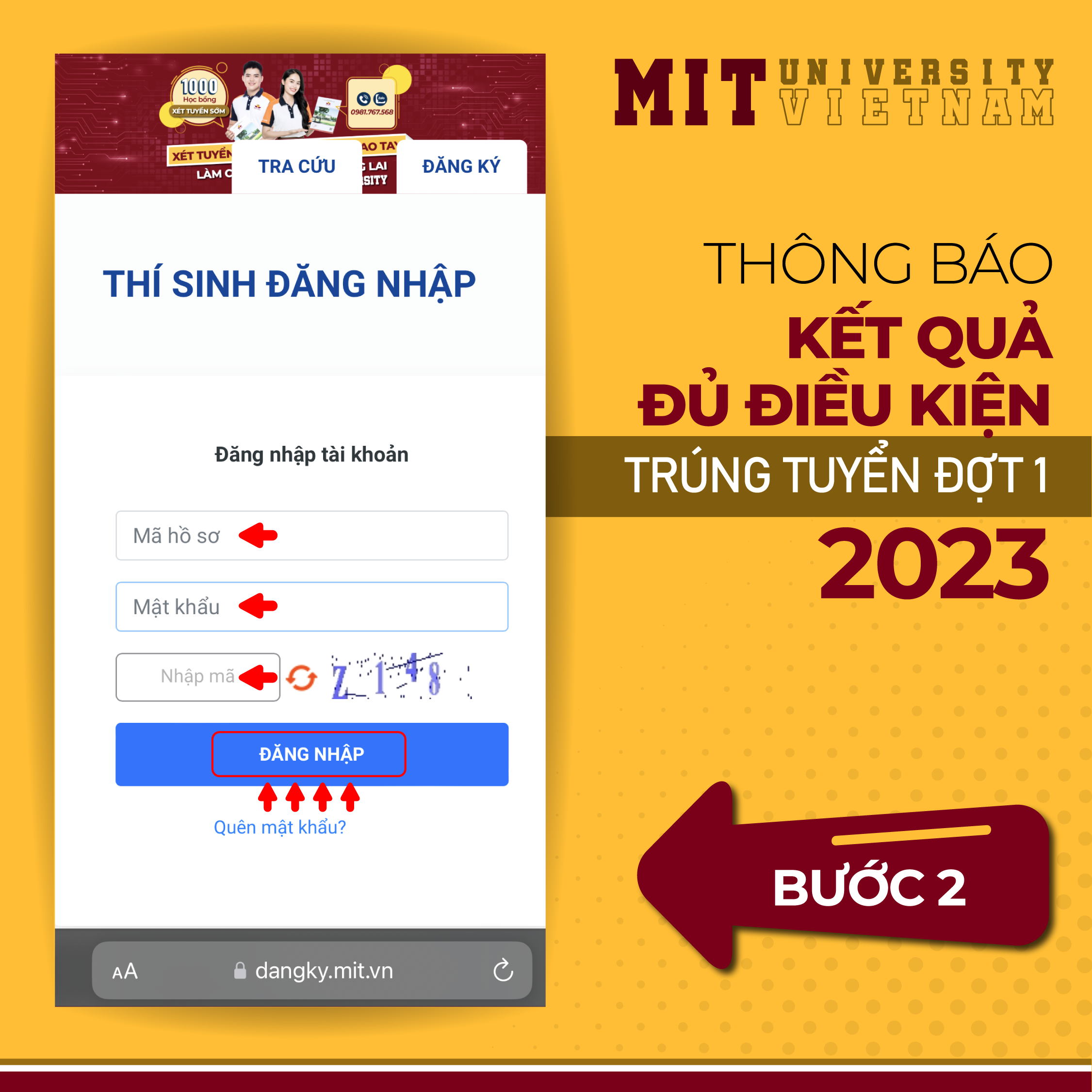 Bước 2: Ở cửa sổ đăng nhập. Điền Mã hồ sơ, Mật khẩu và Nhập mã. Bấm ĐĂNG NHẬP để xem kết quả.