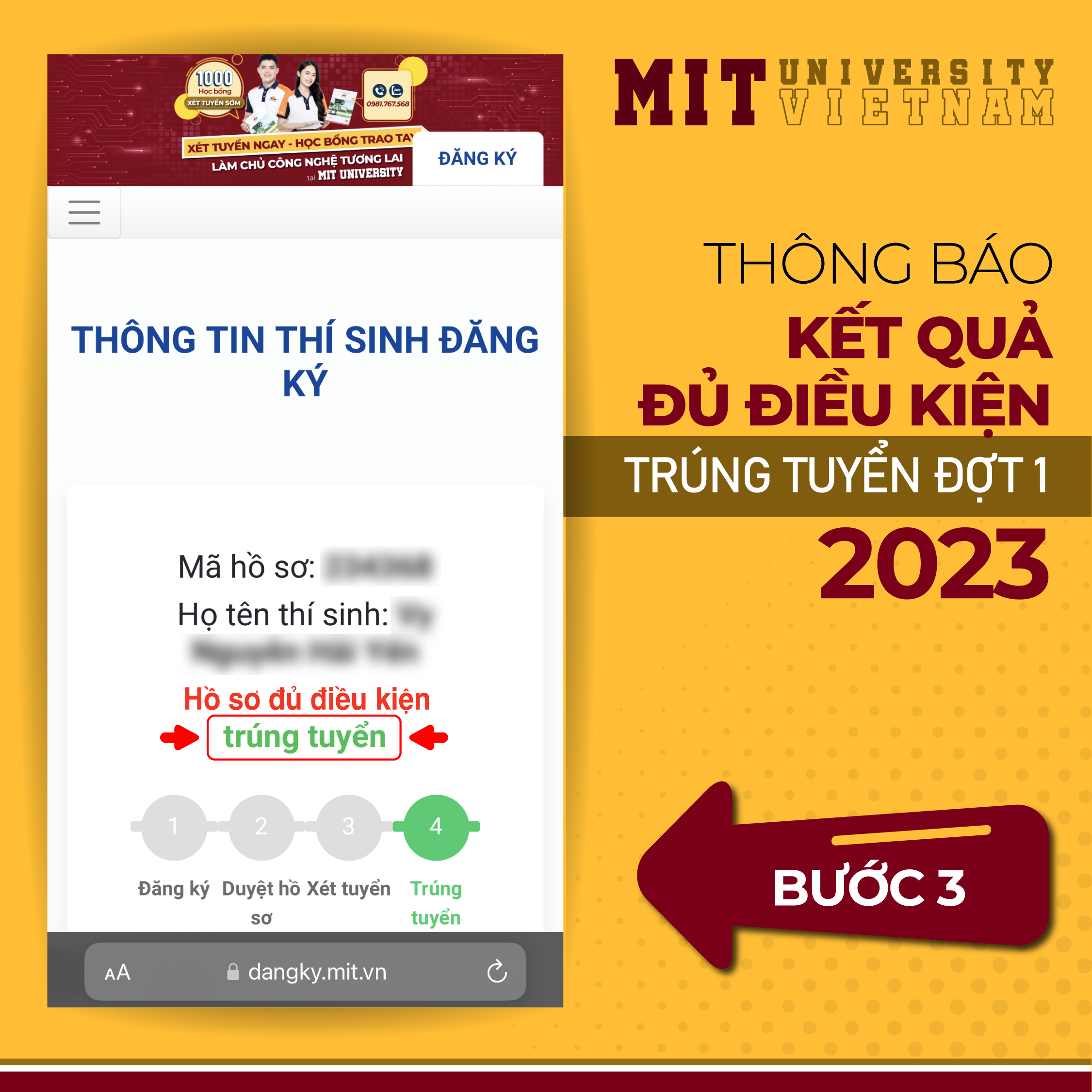 Bước 3: Xem kết quả trúng tuyển (Màu xanh lá).