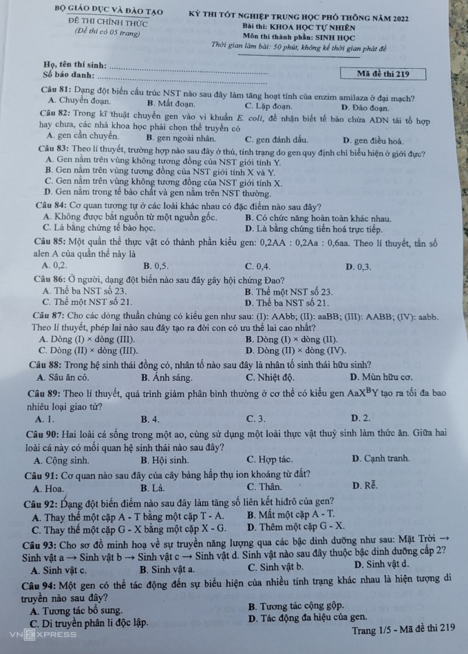 Đề thi tốt nghiệp THPT năm 2022 môn Sinh học và gợi ý giải đề