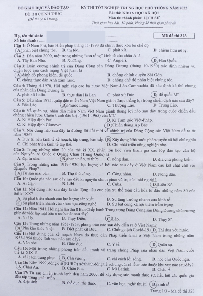 Đề thi tốt nghiệp THPT năm 2022 môn Lịch sử và gợi ý giải đề