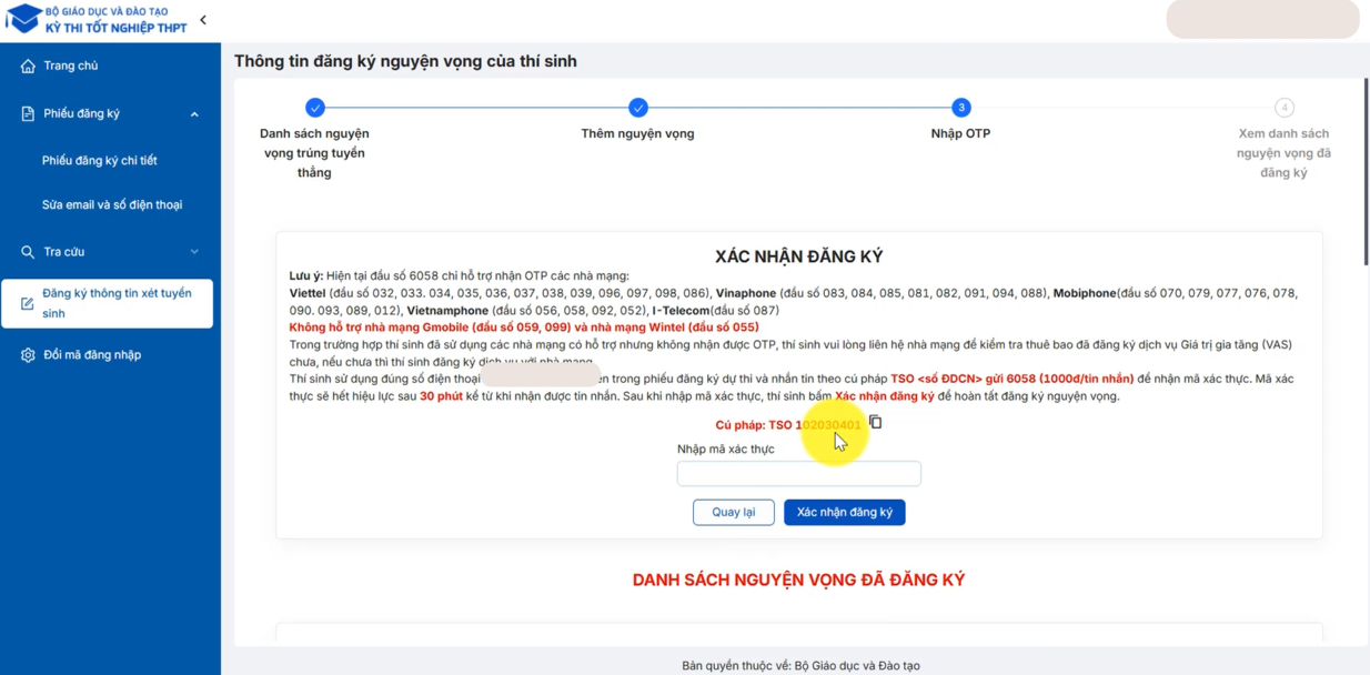 Xác nhận đăng ký nguyện vọng bằng mã xác thực OTP được gửi về số điện thoại thí sinh