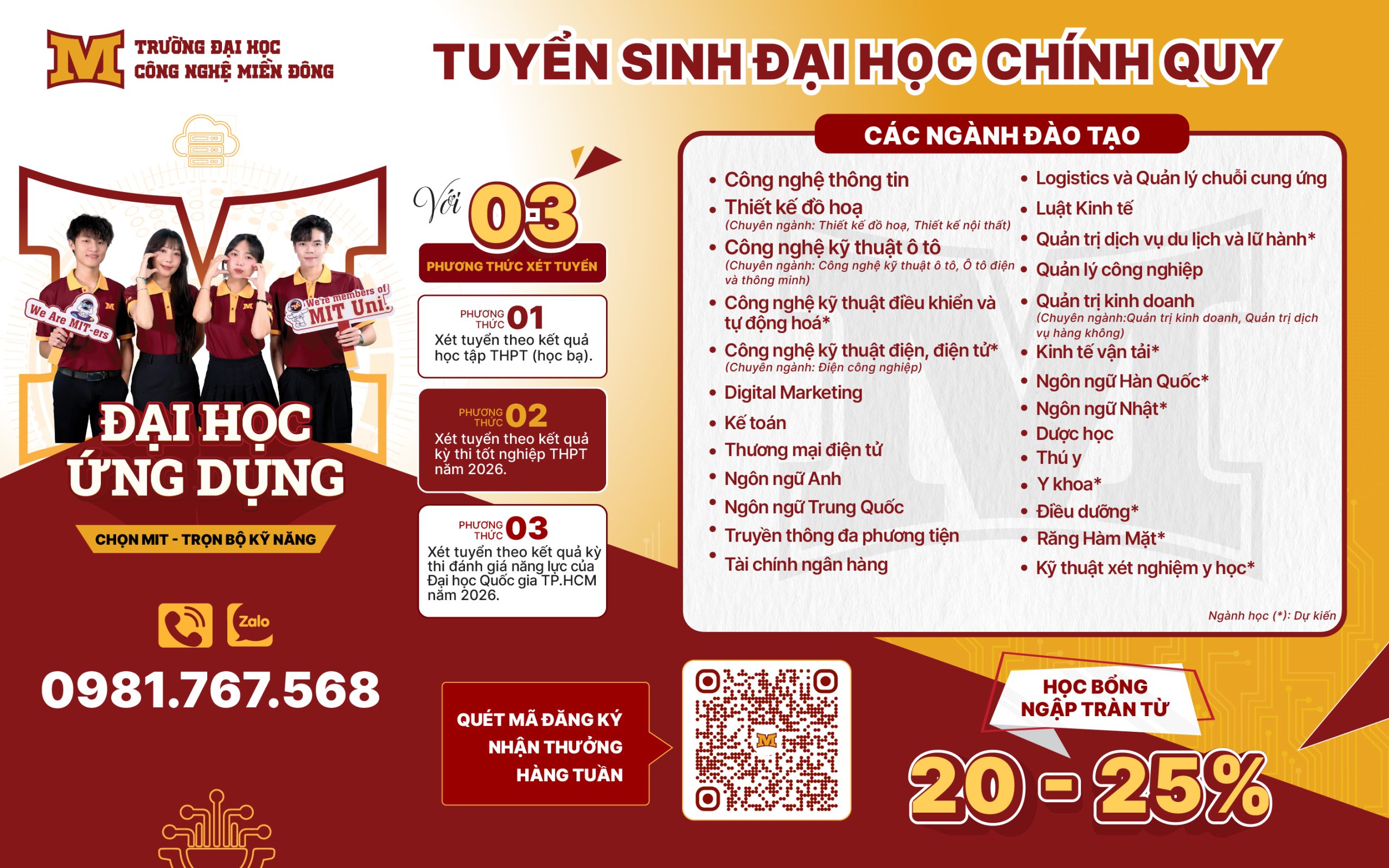 Trường Đại học Công nghệ Miền Đông công bố các phương thức xét tuyển đại học năm 2026