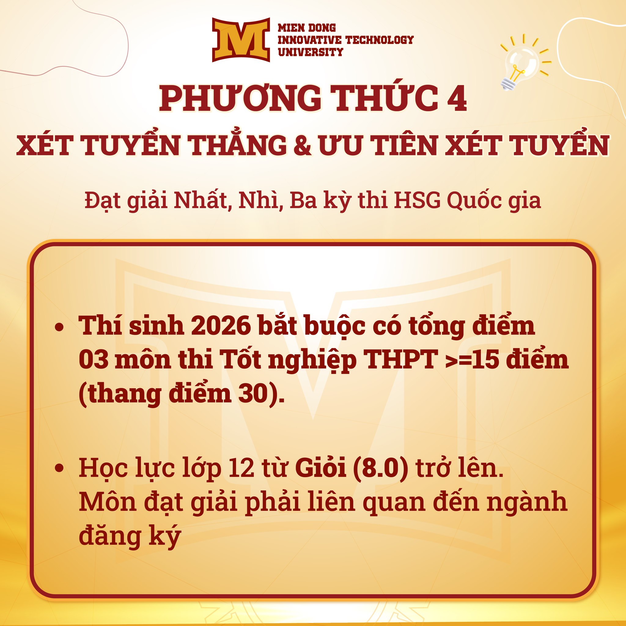 Trường Đại học Công nghệ Miền Đông công bố các phương thức xét tuyển đại học năm 2026